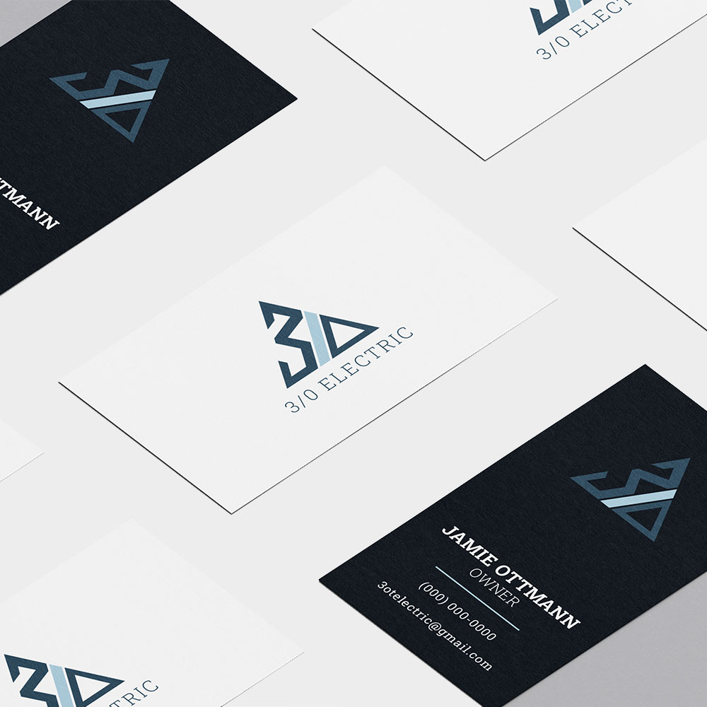 Business card design with a white background front with a full logo. Back design is navy with the logo and contact information below it.